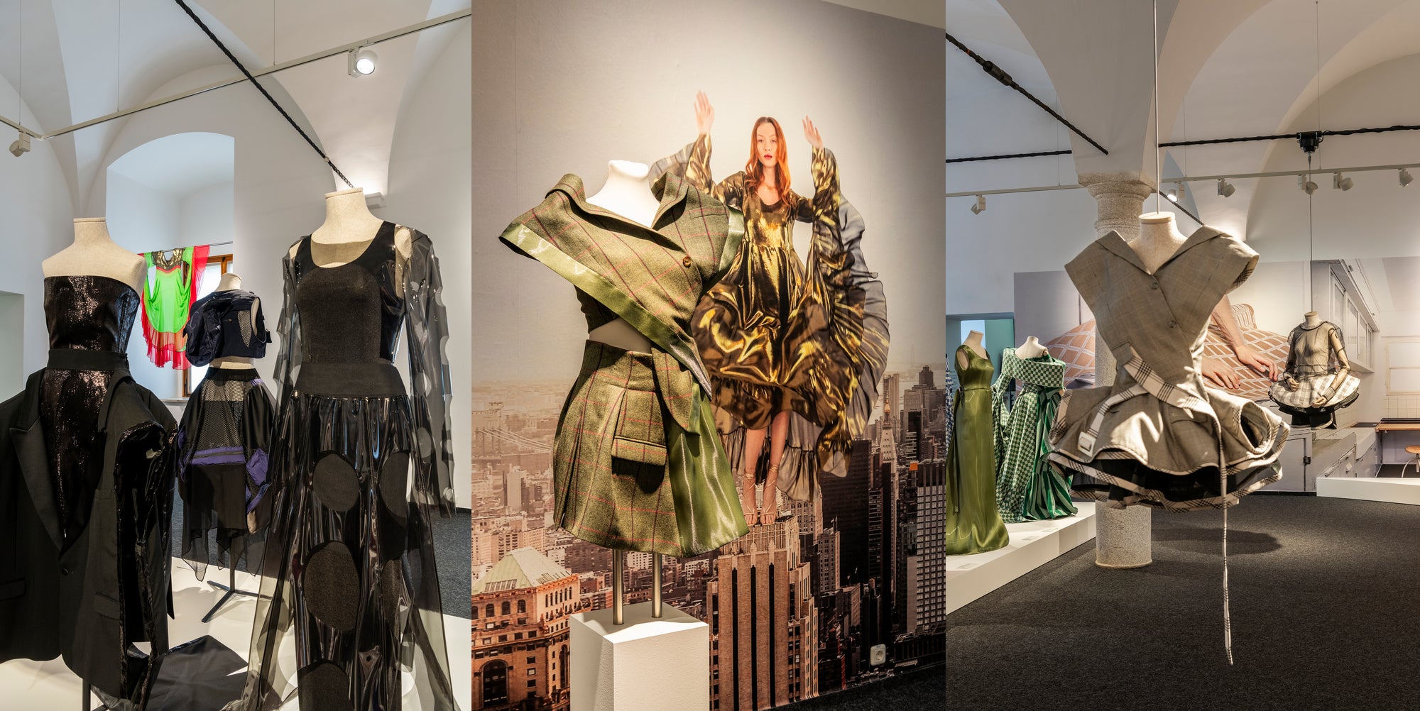 A room showcasing multiple mannequins adorned with various dresses on display, highlighting fashion and design.